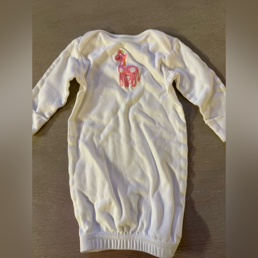 White Baby Gown with Pink Embroidered Giraffe